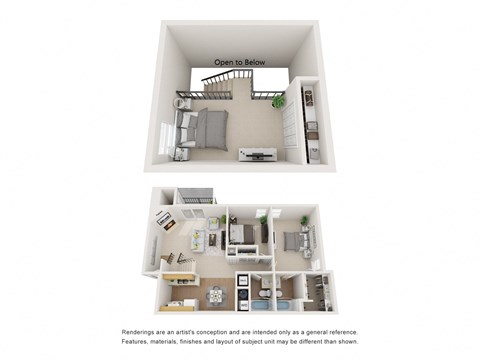 3-D image of a two-bedroom two-bath floor plan